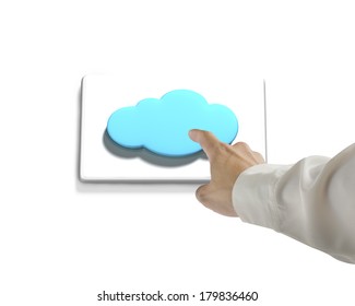 Hand Pushing Cloud Shape Button In White Background