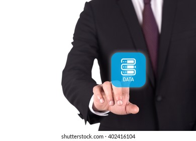 Hand pushing DATA button on interface touch screen