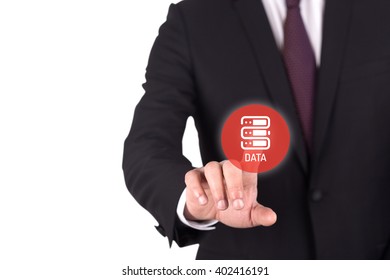 Hand pushing DATA button on interface touch screen