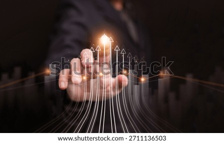 A hand pushing multiple arrows up. Growth, progress, and success concept in business, finance, investment, economy, career, spiritual, personal development, banking, stock market, and technology.