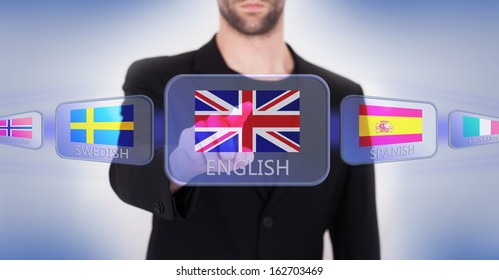 Hand pushing on a touch screen interface, choosing language or country