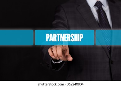 Hand pushing on a touch screen interface-PARTNERSHIP button