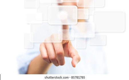 Hand Pushing Touch Screen Button, Isolate On White Background. Computer Business And Technology Concepts.