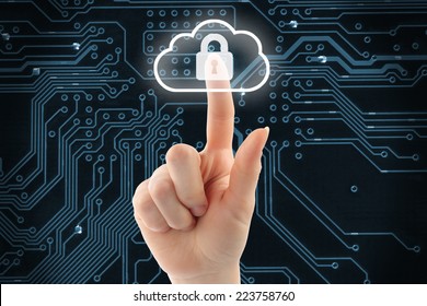 Hand pushing virtual cloud security button on digital background  