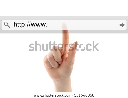 Hand pushing virtual search bar on white background, internet concept 