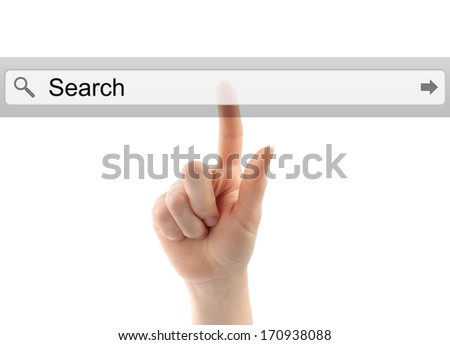 Hand pushing virtual search bar on white background, internet concept  
