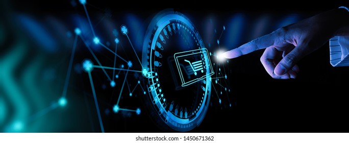 Hand pushing virtual symbol of online shopping with modern UI computer and smart phone. - Shutterstock ID 1450671362