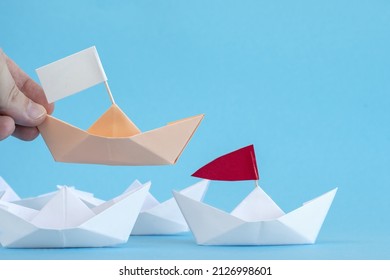 Hand Puts A Boat, Ship.ships. Job, Manager, Employee Rotation Concept. Career Advancement, Human Resources Management, Change Of Manager Concept.