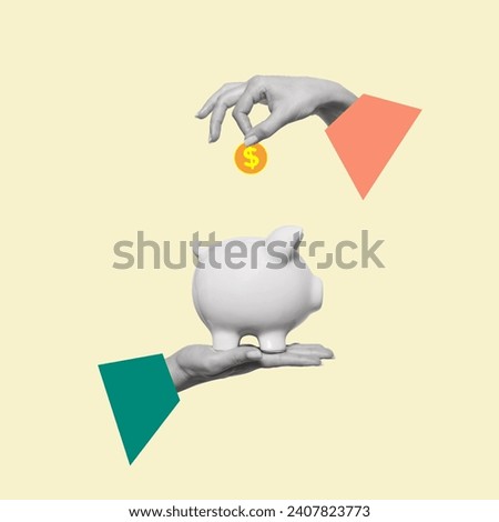 A hand puts a dollar coin into a piggy bank. Contemporary art collage. Concept of finance and making money. Modern design. Copy space.