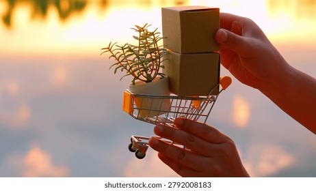 A hand puts a package on an E-commerce cart, reflecting efficient logistics, digital transformation, personalized service, environmental awareness, and freedom of online shopping anywhere, anytime.
