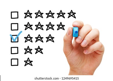 Hand Putting Check Mark With Blue Marker On Average Three Star Rating. 