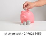 Hand putting coins into piggy bank isolated on white background. Business finance, savings and investment concept. hand putting coins into piggy bank to save money