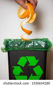 Hand Putting Orange Peel In Recycling Bio Bin. Person In A House Kitchen Separating Waste. Black Trash Bin With Green Bag And Recycling Symbol. 