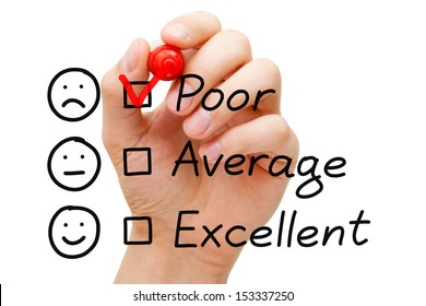 Hand putting red tick mark on poor customer service evaluation form.