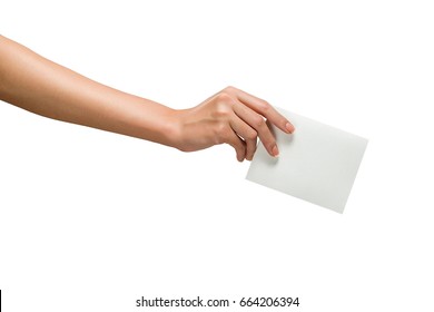 Hand Putting A Voting Ballot Isolated On White Background