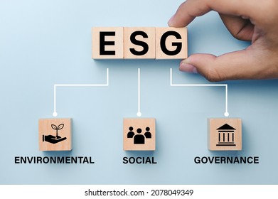 Hand putting wood cube in ESG icon concept for environmental, social, and governance in sustainable and ethical business  - Shutterstock ID 2078049349