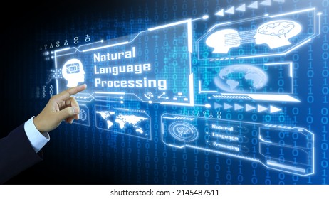 hand reach out to activate the virtual screen containing information of natural language processing or NLP world map and binary background in blue tone of technology. Commanding from the brain to AI.
