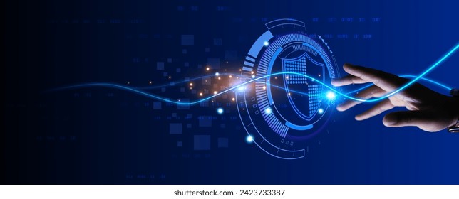 Hand reach out to touch shield protection in cyber space represent to cyber security encryption of user access to big data information or technology in digital era - Powered by Shutterstock