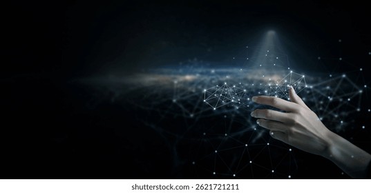 A hand reaches outward engaging with a digital network of interconnected nodes and lines. This moment captures the essence of technology and innovation in a dark immersive space.