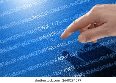A hand reaches toward floating hexadecimal numbers, symbolizing advanced data processing, database technology, and big data analysis in a digital environment