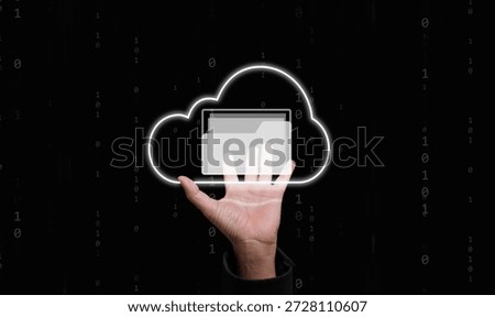 Hand reaching cloud with folder icon represents paperless office, digital files, document workflow, and cloud storage technology to improve productivity, remote work, and business process automation.