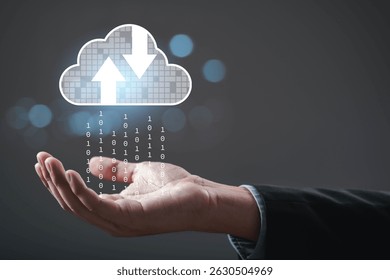 A hand reaching out to a digital cloud icon, symbolizing data transfer and cloud computing technology.