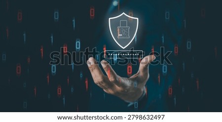 A hand reaching out with a floating shield and password icon, symbolizing cybersecurity and digital protection against threats and unauthorized access.