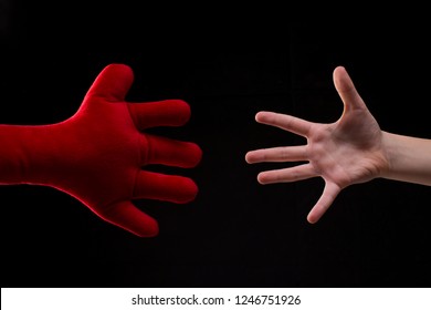 Hand Reaching Out For Help, Young Boy Playing With Plush Soft Toy, Handshake With Imaginary Friend