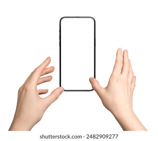 Hand reaching for phone screen mockup, wanting to grab blank, clear smartphone, cell phone. White background, using app, isolated for promotion.. - Powered by Shutterstock