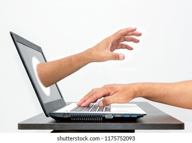 Hand Reaching Through Laptop PCs, Too. Identity Theft, Stealing Personal Information, Money, Credit Or Other. 