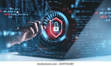 Hand reaching towards a digital security shield icon with a lock, overlaid on a background of programming code. Concept of cybersecurity