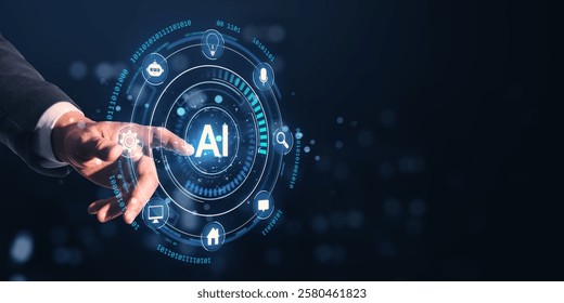 Hand reaching towards a glowing AI interface with icons, binary details on a dark background. Concept of artificial intelligence and technology