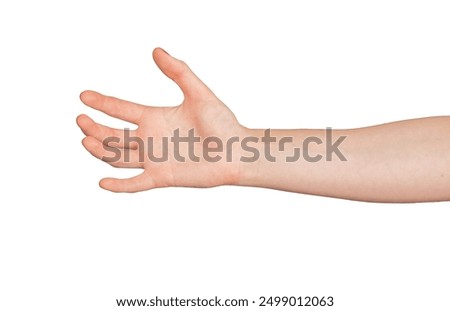 Hand reaching for virtual object. Arm gesture showing something in empty space. Elegant female with red manicure, polished nails, and body language. Isolated on white background,.
