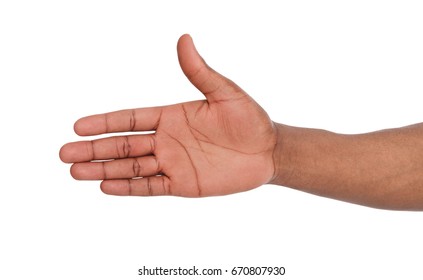 Hand ready for handshake isolated on white background. African american man inviting by open palm, greeting concept