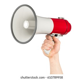 Hand With Red White Bullhorn Megaphone Isolated Background