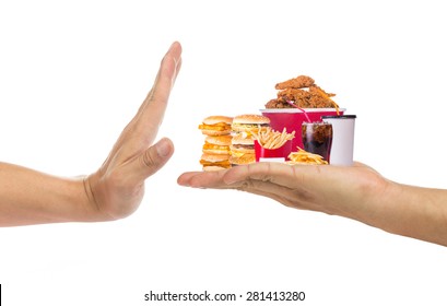 Hand Refusing Junk Food With White Background