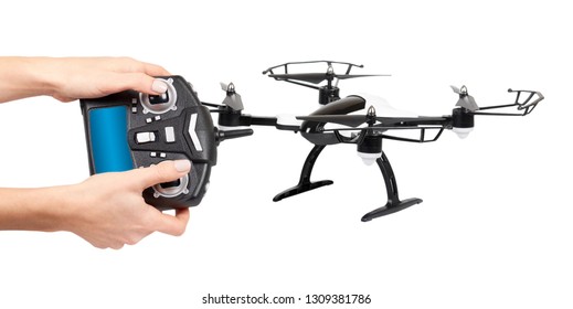 Hand with remote control drone, fun toy for kids, air sport game. Isolated on white background