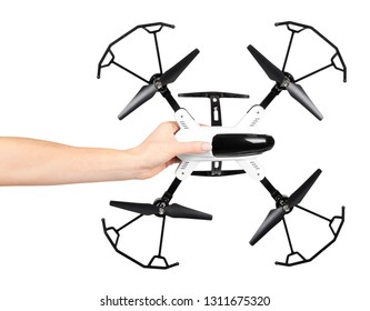 Hand with remote control drone, fun toy for kids, air sport game. Isolated on white background