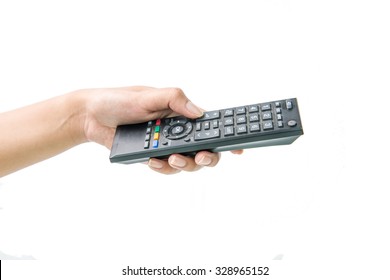 Hand With Remote Control On White Background 