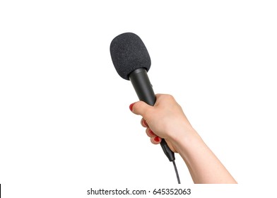 Hand of reporter with black microphone isolated on white - journalism and broadcasting concept