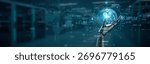 Hand of robot hold control interface automation concept, industrial process robotics connection, smart factory innovation productivity workflow seamless intelligent technology system.