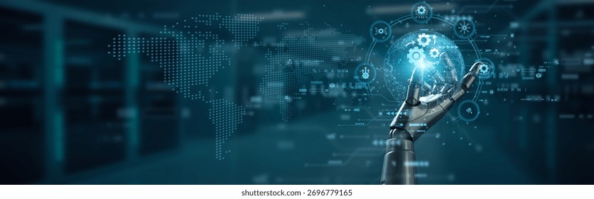 Hand of robot hold control interface automation concept, industrial process robotics connection, smart factory innovation productivity workflow seamless intelligent technology system.