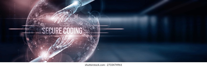 Hand of robot hold secure coding on global network connection, software security, vulnerability prevention, encryption standards, cyber defense, compliance validation, data protection systems.
