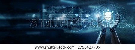 Hand of robot holding big data analytics cube, massive datasets visualization prediction insight processing volume variety velocity infrastructure model intelligence mining.