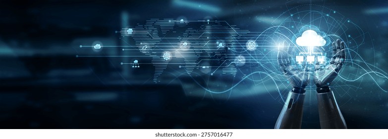 Hand of robot holding cloud computing server stack, data storage scalability infrastructure virtualization deployment access network elasticity performance resources.