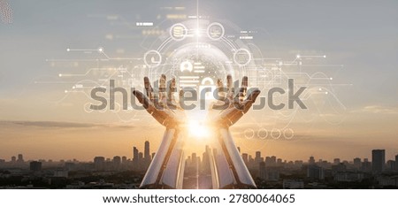 Hand of robot holding data privacy protection icons, secure data vault and consent symbols ensuring compliance, trust and data privacy across global networking systems.