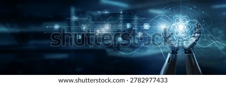Hand of robot holding data science model, analytics algorithm insights machine learning datasets prediction processing visualization intelligence decision knowledge.