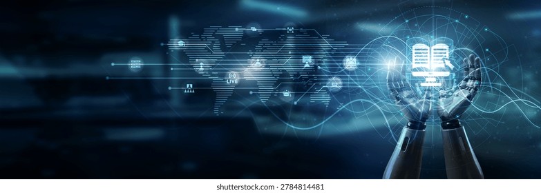 Hand of robot holding e-learning interface, virtual classroom modules training content quizzes certification progress analytics interaction accessibility engagement.