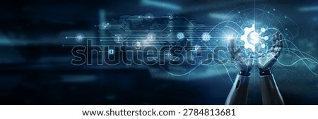 Hand of robot holding FinTech solution suite, digital payments blockchain banking mobile wallet automation analytics investment platform security innovation growth.
