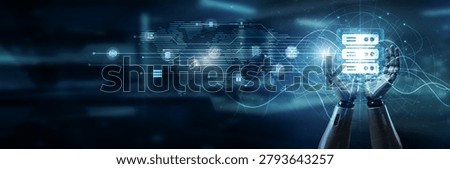 Hand of robot holding hosting server panel, web deployment uptime management bandwidth domains, email integration, security support, backup performance configuration.
